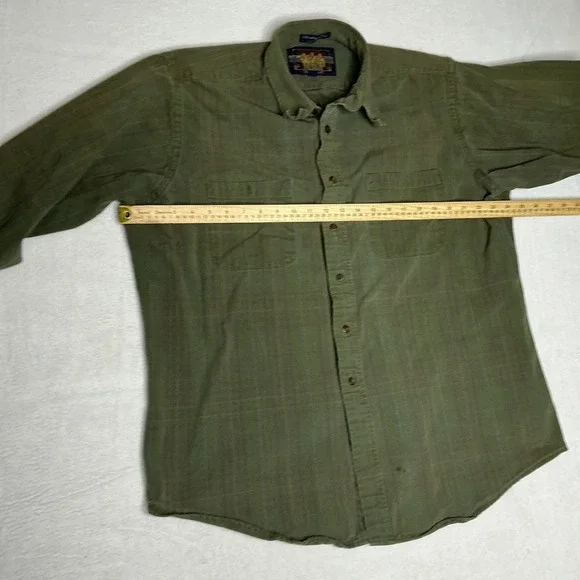 Vtg Ralph Lauren Chaps Work Shirt Mens 16.5 Olive Green Striped Country Cotton - Picture 2 of 6